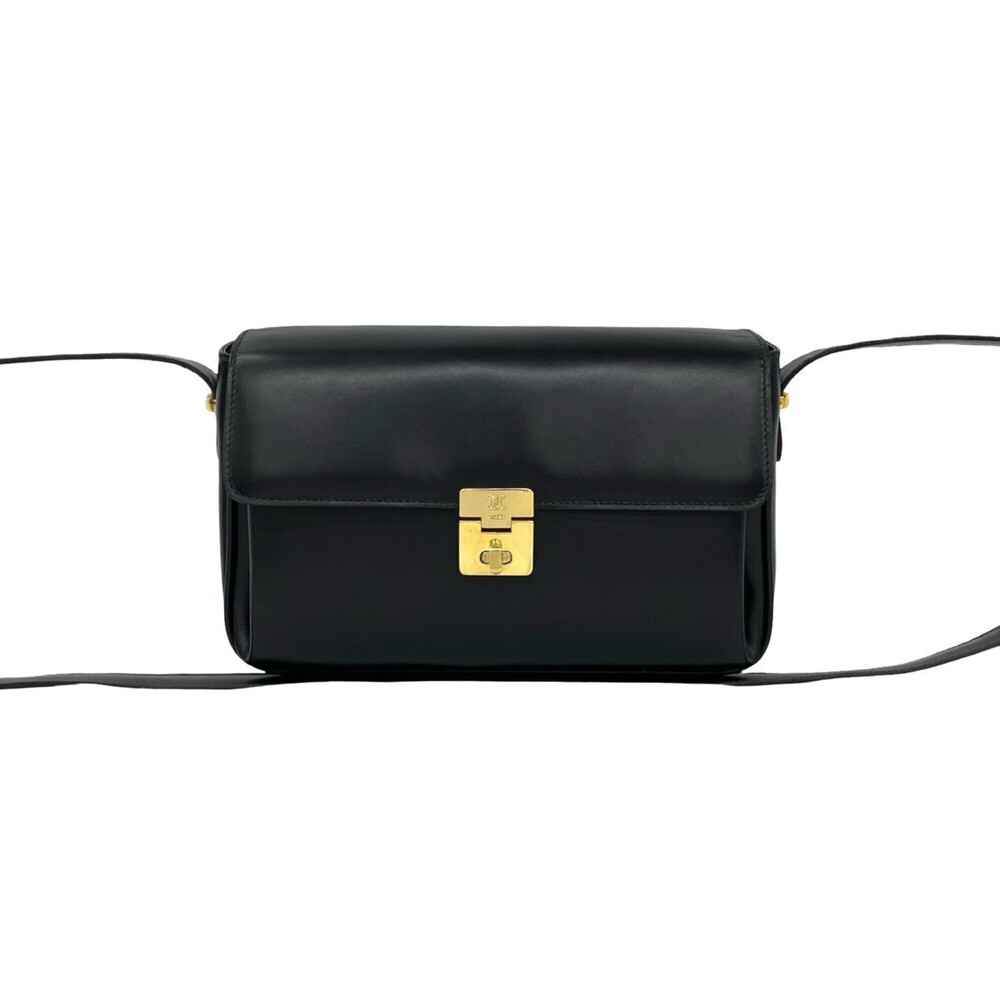 CELINE Vintage Triomphe Logo Turnlock Leather Shoulder Bag/Pochette, Black, 1...